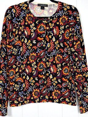 August Silk Heritage Black Red Floral Flower Cardigan Button-Down Sweater Top L